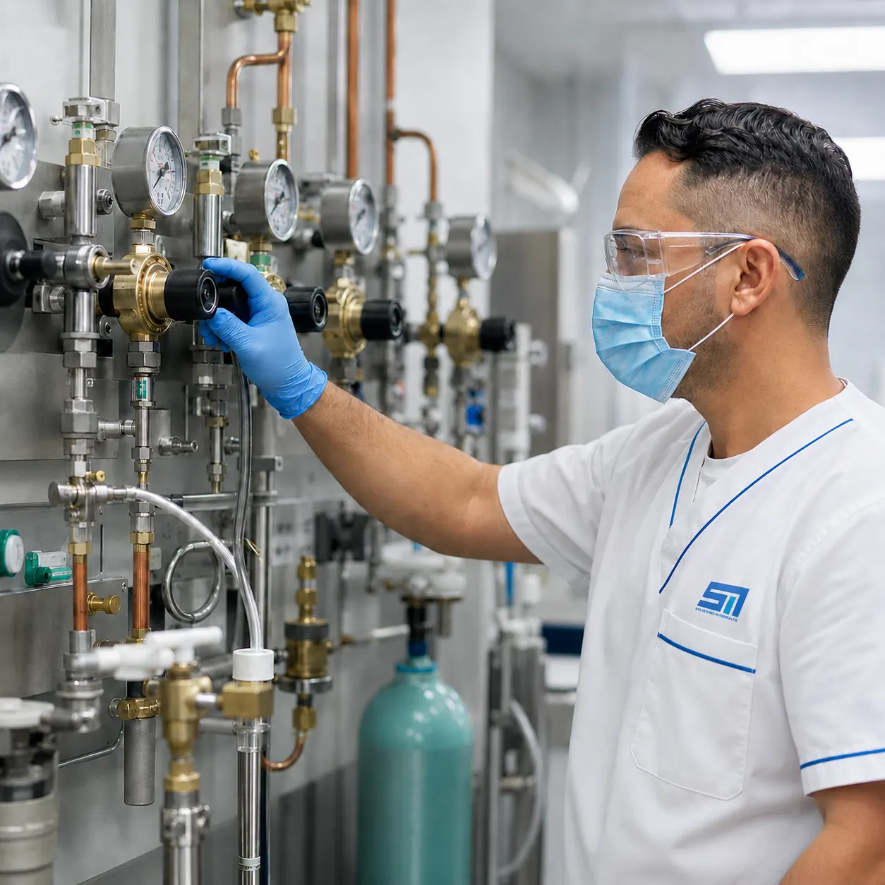 Equipo de SM Soluciones Integrales revisando reguladores y válvulas para gases clínicos